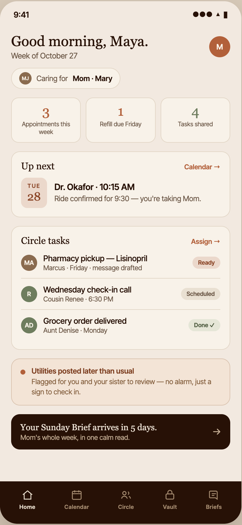 Kintu dashboard showing a family care calendar, shared tasks, and family activity.