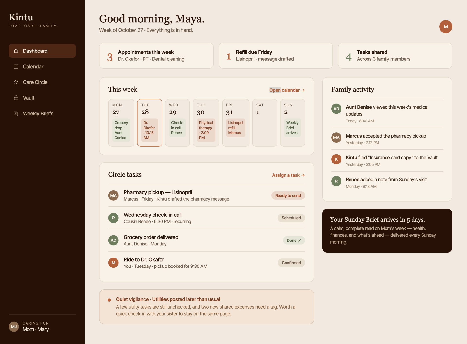 Kintu dashboard showing a family care calendar, shared tasks, and family activity.